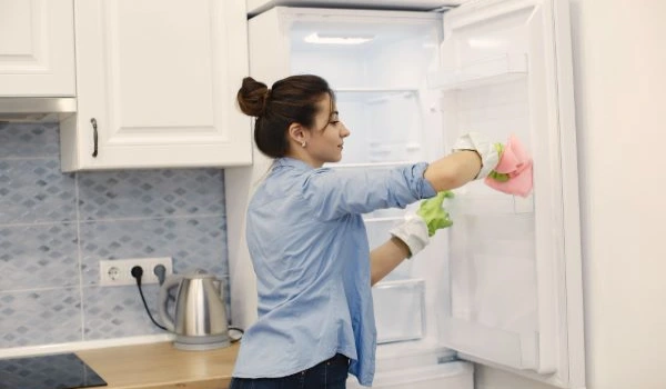 Housewife woking at home. Lady in a blue shirt