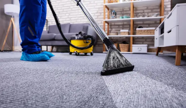 Person cleaning carpet with vacuum cleaner