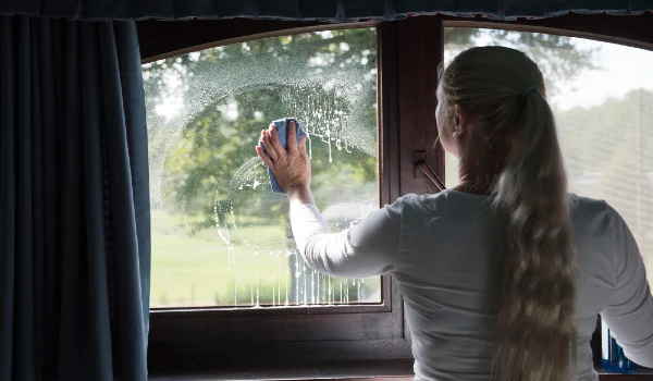 Woman cleaning window with special glass cleaner look through soapy window