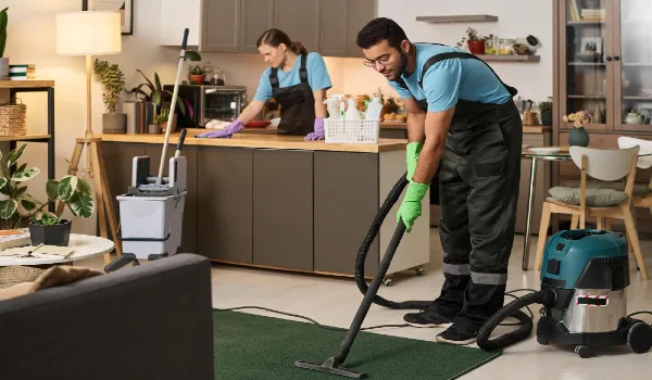 Team of cleaning workers doing housework at home