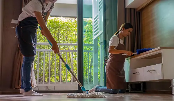 Low section of woman cleaning floor by sister at home
