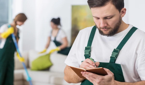 A man in a green apron writes on a notebook with a woman in the background.
