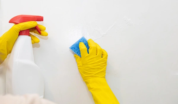 Hands in yellow rubber gloves washing the wall