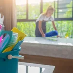 Cleaning supplies with women cleaning room in background