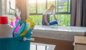 Cleaning supplies with women cleaning room in background