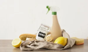 Eco cleaning kit with mesh bag on the table spray bottle soda lemon and natural cleaning sponges
