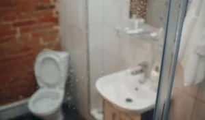 Blurred background flush toilet in bathroom at apartments
