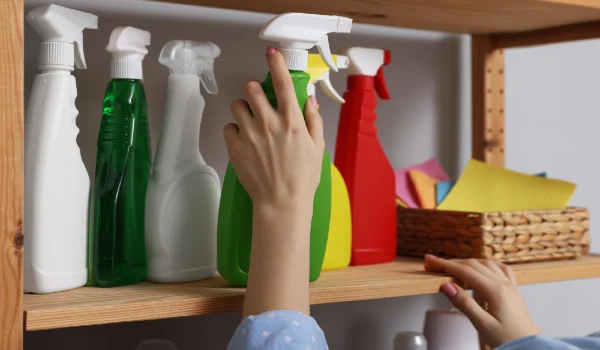 Woman taking detergent from wooden rack in laundry room closeup
